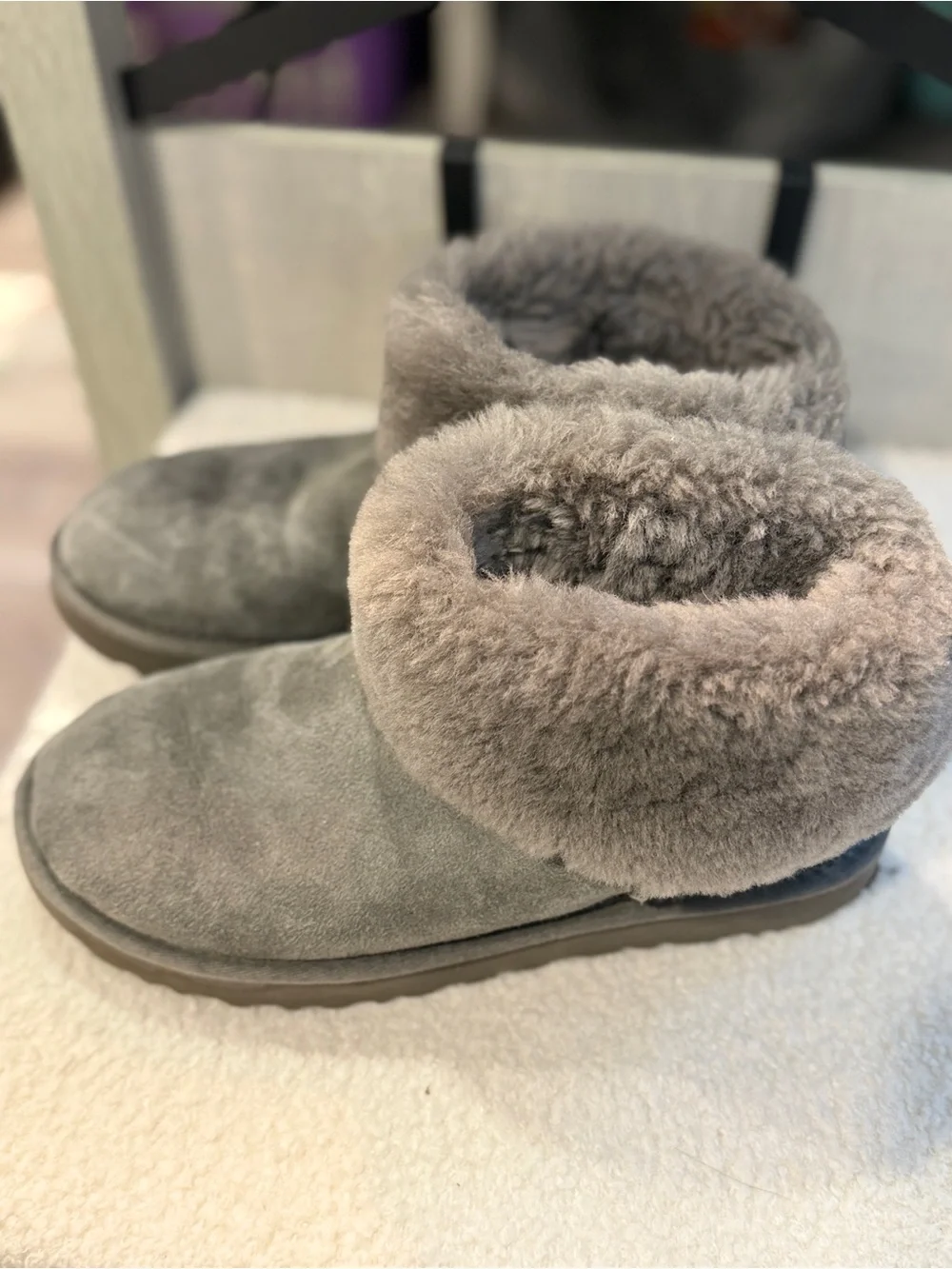 UGG Classic Mini Fluff Boots Charcoal Grey Suede Shearling Fur Ankle Boot Size 8 - Picture 4 of 10